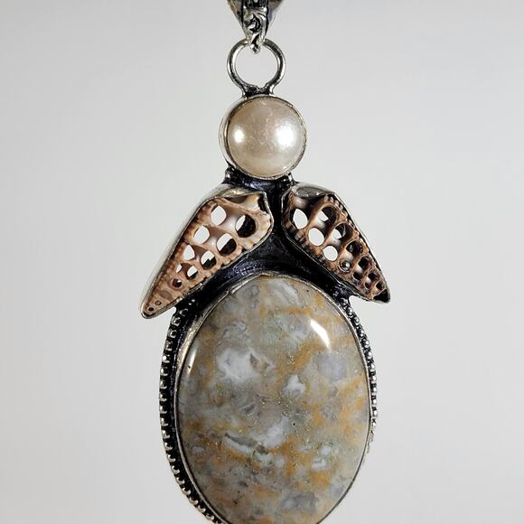 Handmade Silver Pendant – Fossil Coral & Pearl + 20" Sterling Silver Snake Chain - Picture 4 of 10